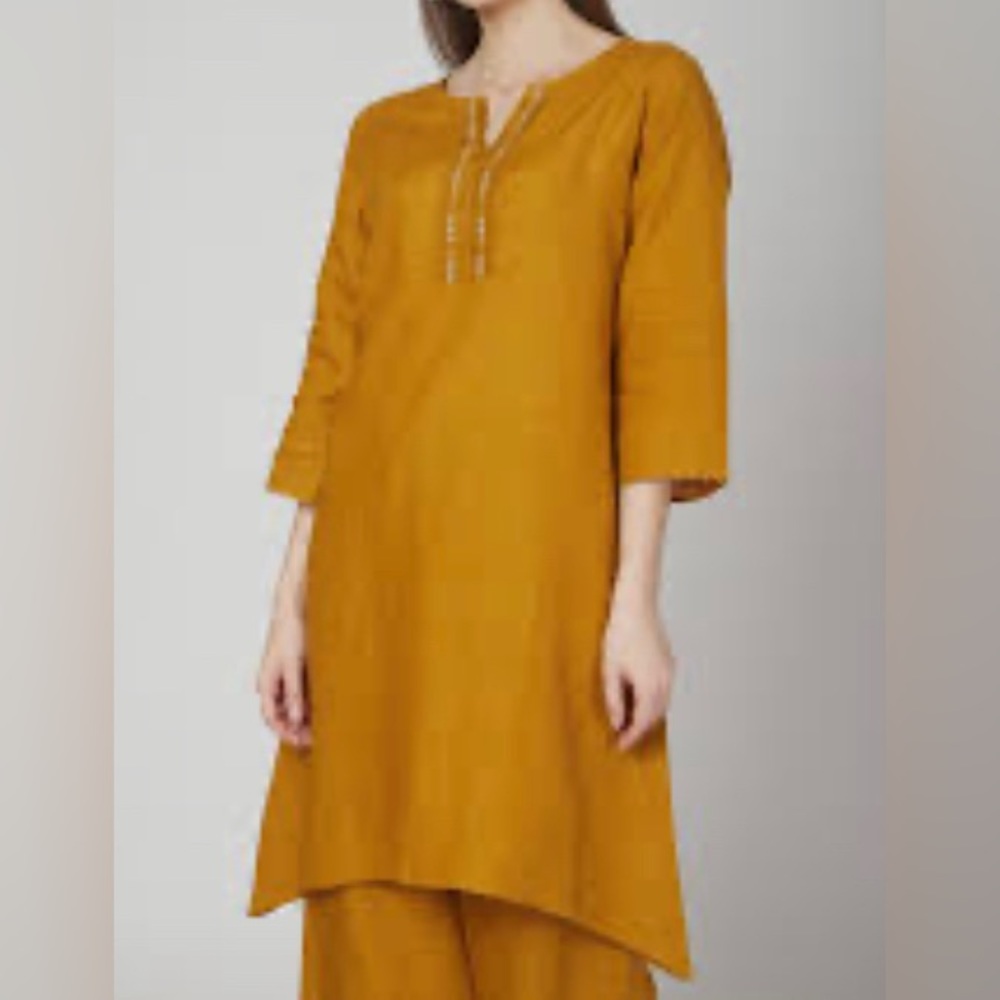 Women 3/4 Sleeve Rayon Top Linen Style Baggy Blouse V Neck Tunic Top Yellow